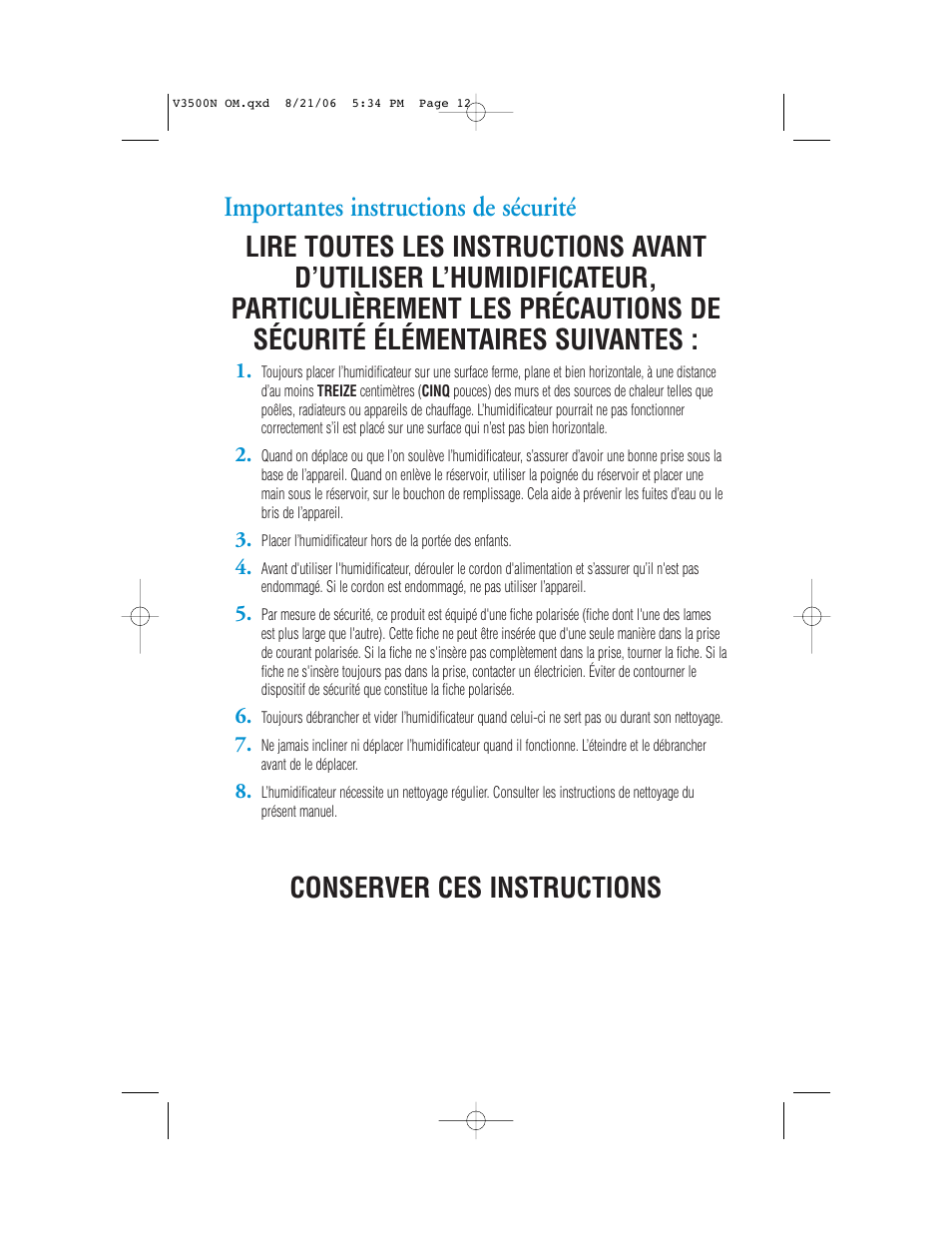 Conserver ces instructions | Vicks V3500N User Manual | Page 12 / 30