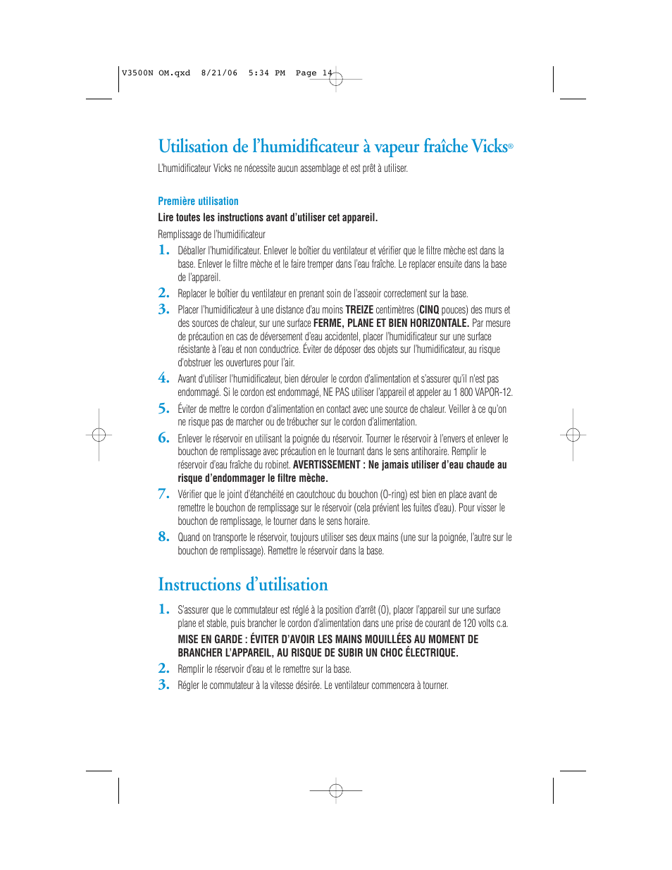 Instructions d’utilisation | Vicks V3500N User Manual | Page 14 / 30