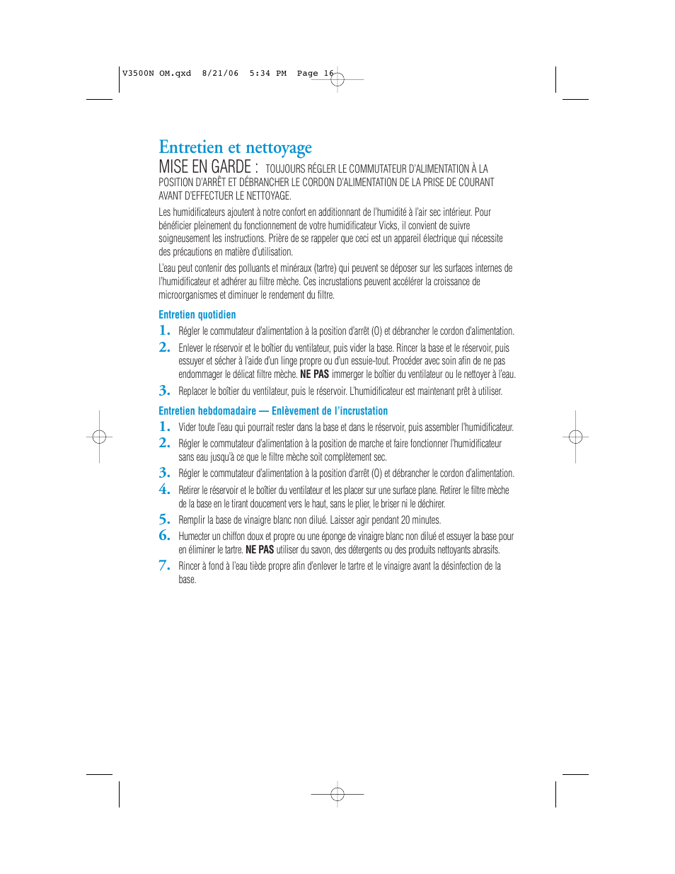 Entretien et nettoyage, Mise en garde | Vicks V3500N User Manual | Page 16 / 30