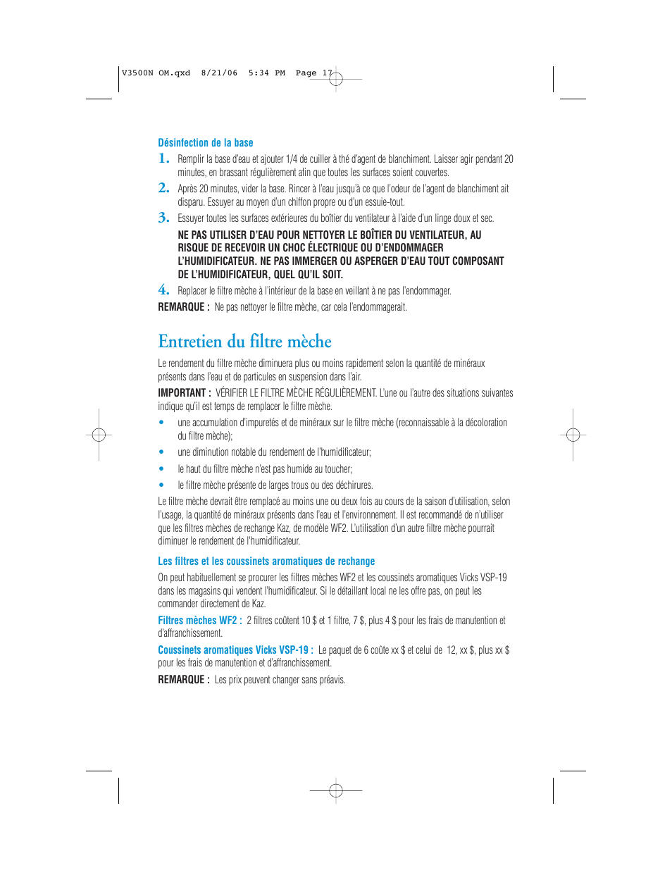 Entretien du filtre mèche | Vicks V3500N User Manual | Page 17 / 30