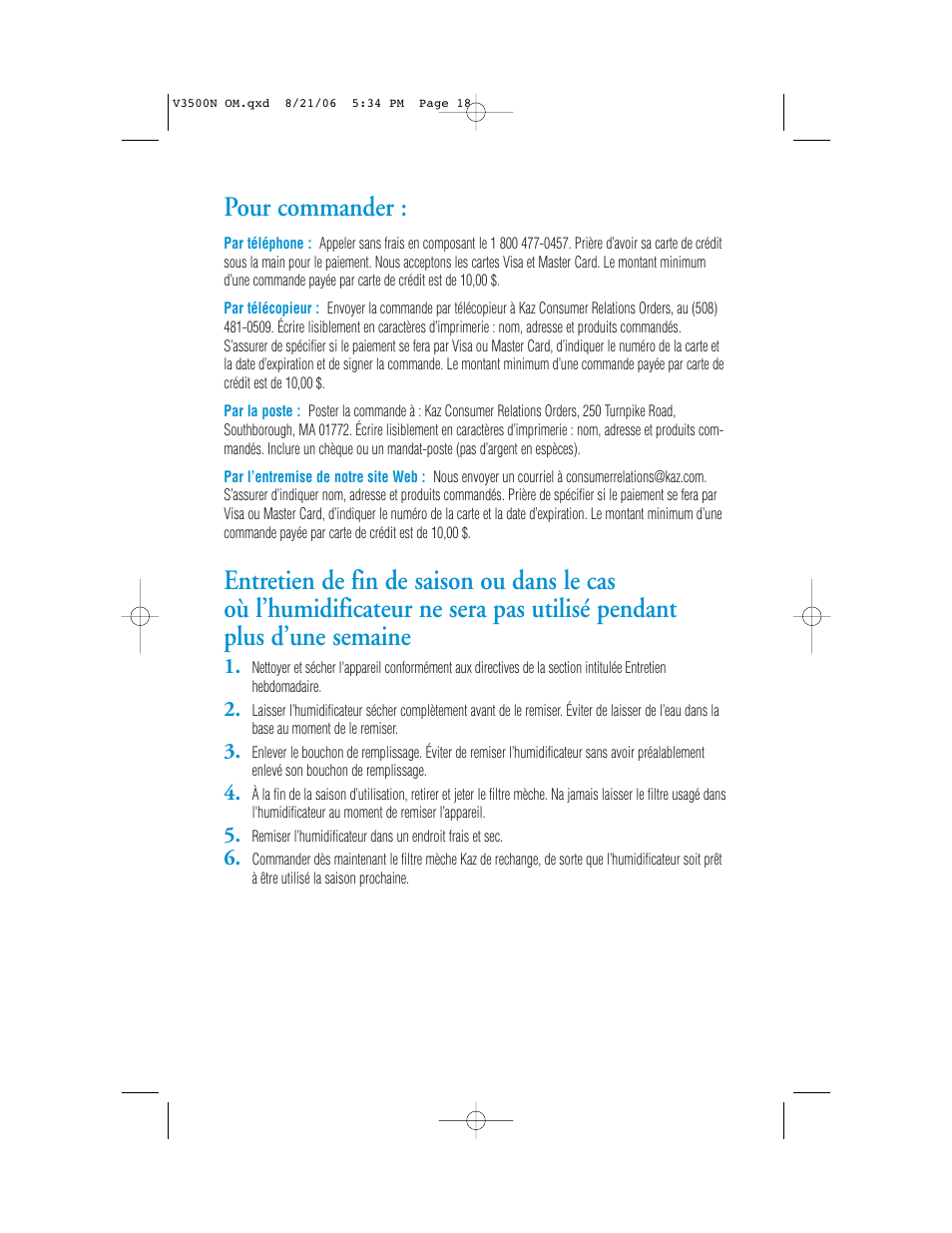 Pour commander | Vicks V3500N User Manual | Page 18 / 30