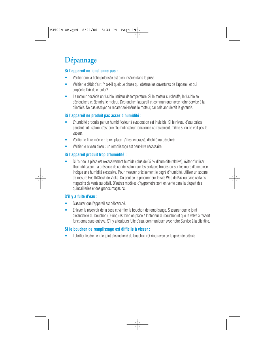 Dépannage | Vicks V3500N User Manual | Page 19 / 30