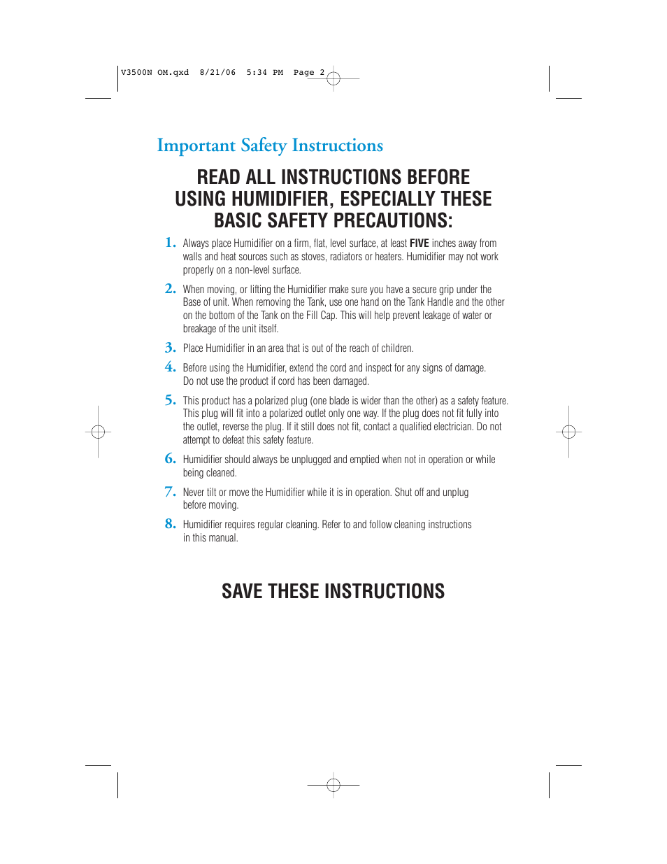 Save these instructions | Vicks V3500N User Manual | Page 2 / 30