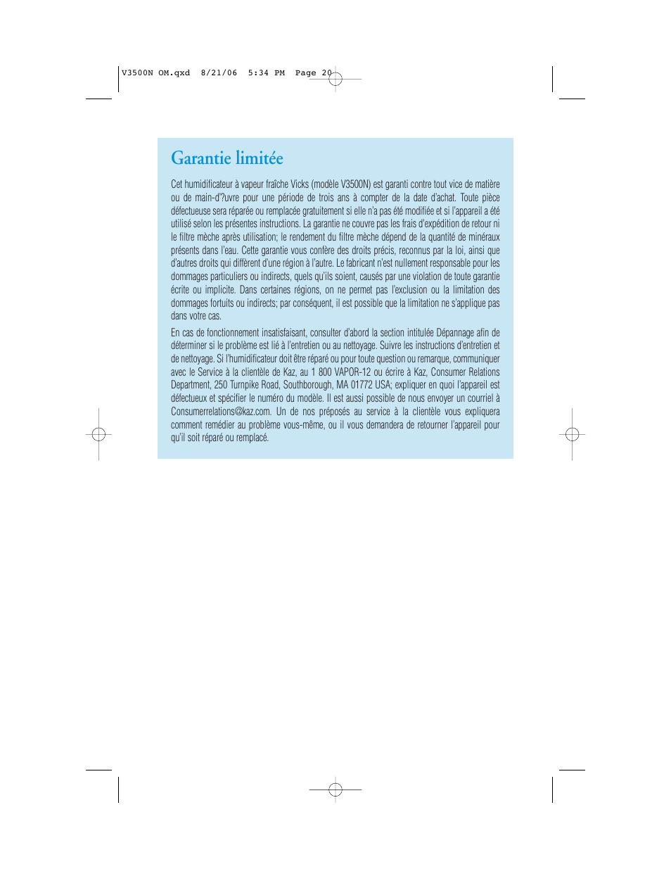 Garantie limitée | Vicks V3500N User Manual | Page 20 / 30