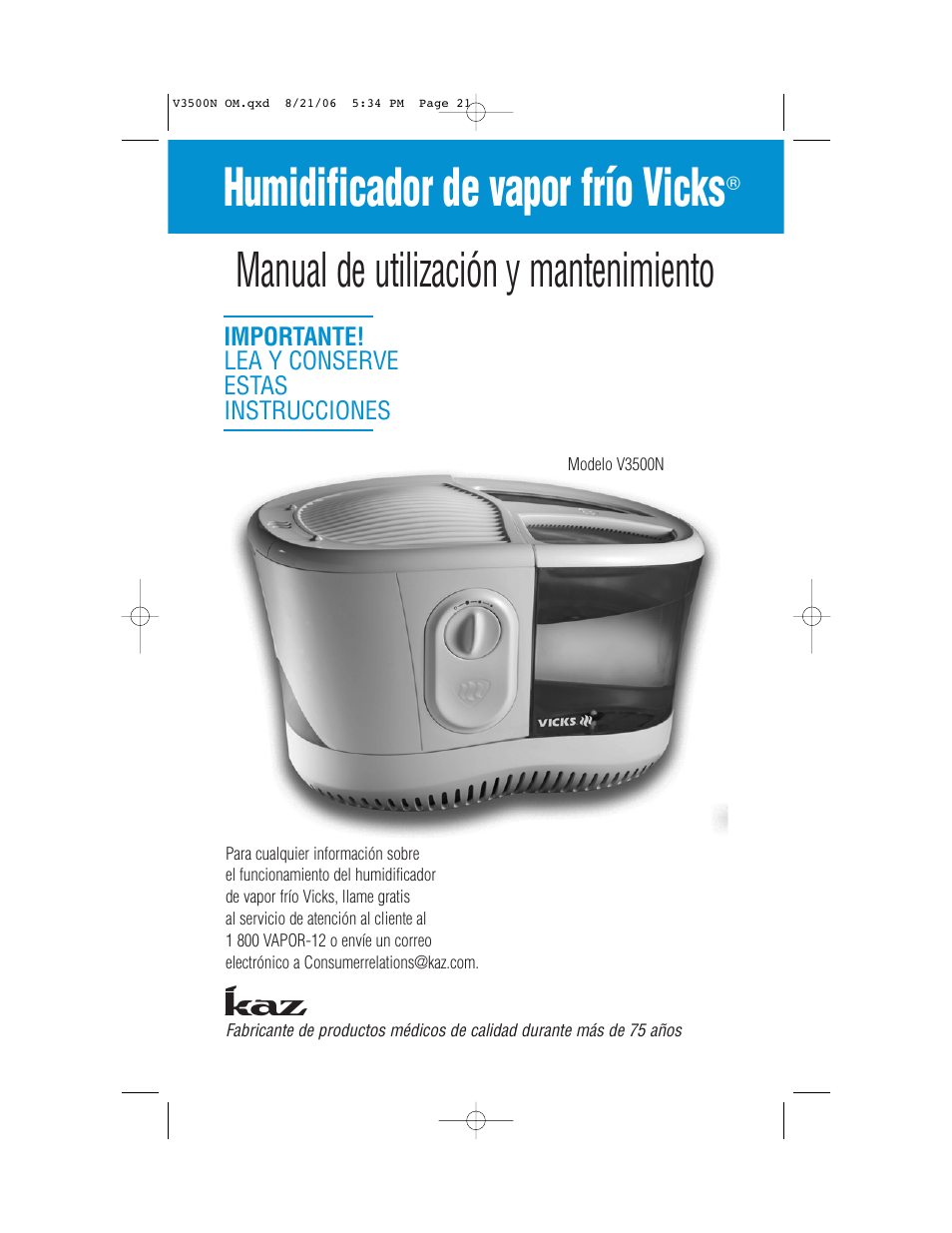 Humidificador de vapor frío vicks, Manual de utilización y mantenimiento | Vicks V3500N User Manual | Page 21 / 30