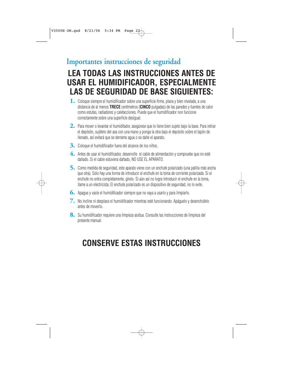 Conserve estas instrucciones | Vicks V3500N User Manual | Page 22 / 30
