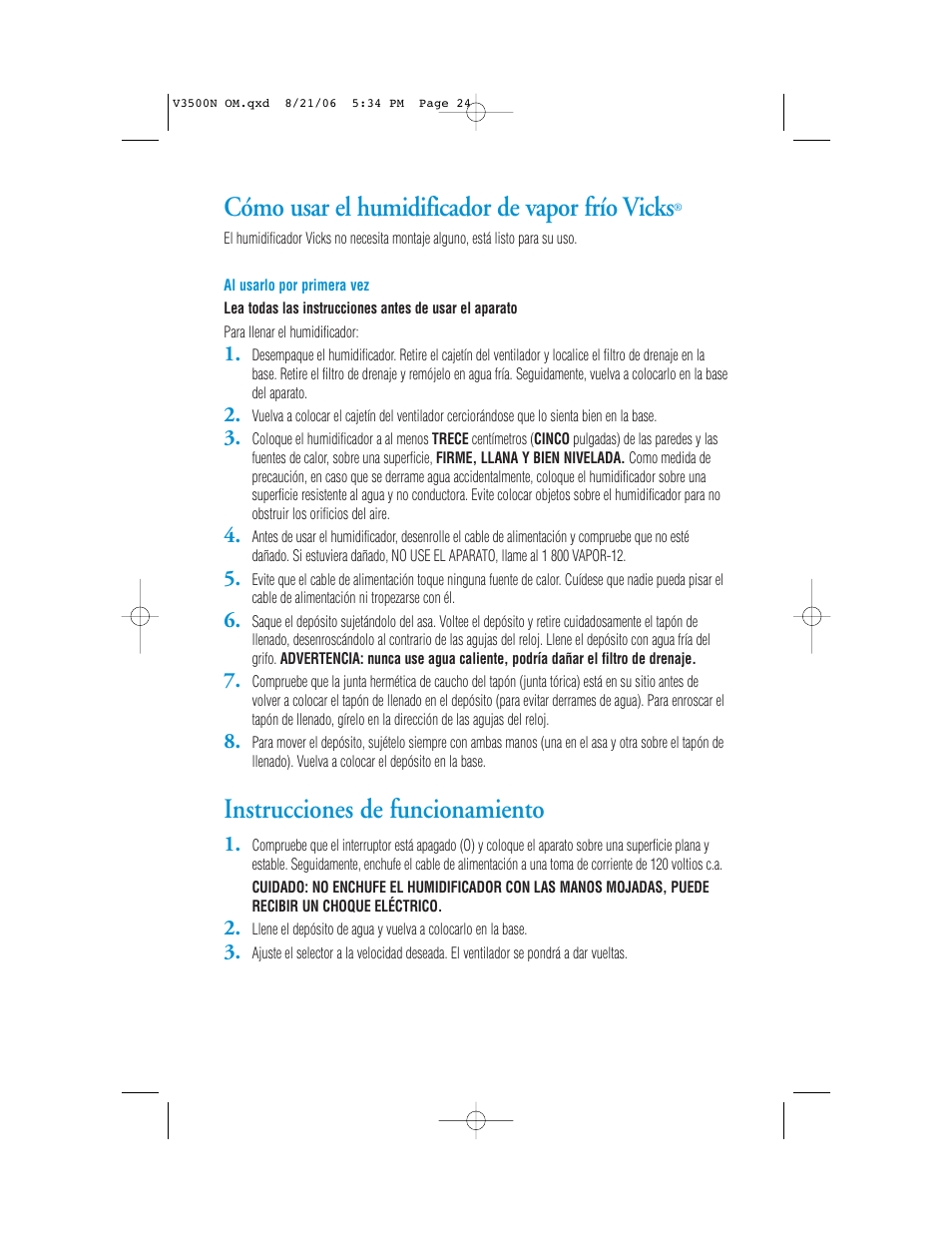 Cómo usar el humidificador de vapor frío vicks, Instrucciones de funcionamiento | Vicks V3500N User Manual | Page 24 / 30