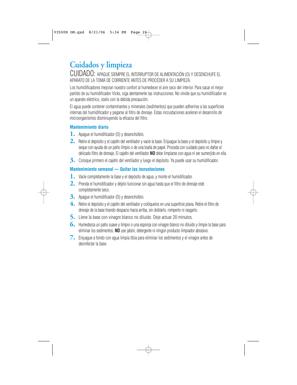 Cuidados y limpieza, Cuidado | Vicks V3500N User Manual | Page 26 / 30