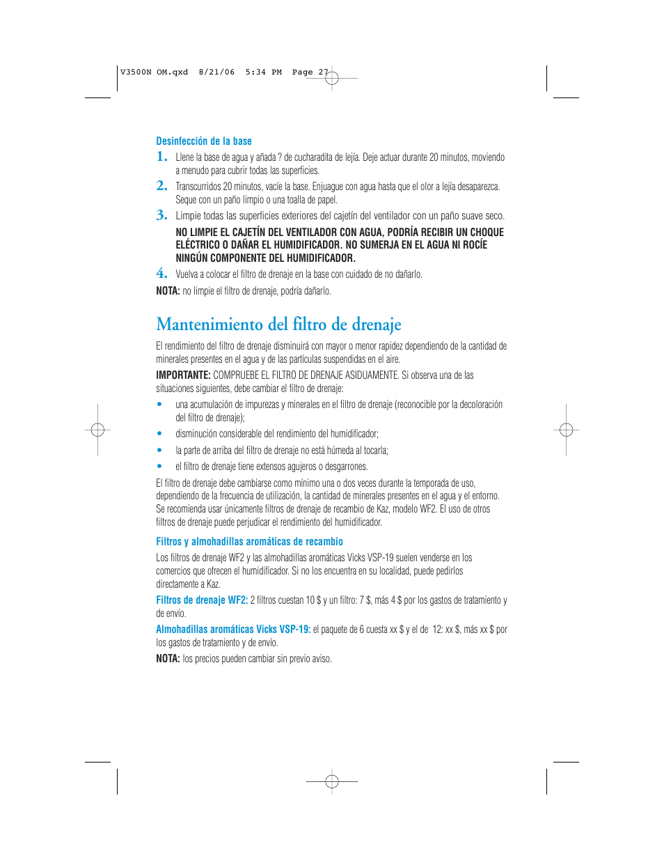 Mantenimiento del filtro de drenaje | Vicks V3500N User Manual | Page 27 / 30