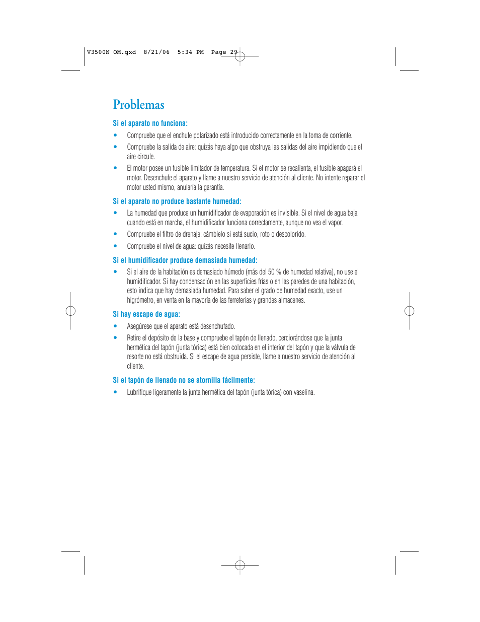 Problemas | Vicks V3500N User Manual | Page 29 / 30