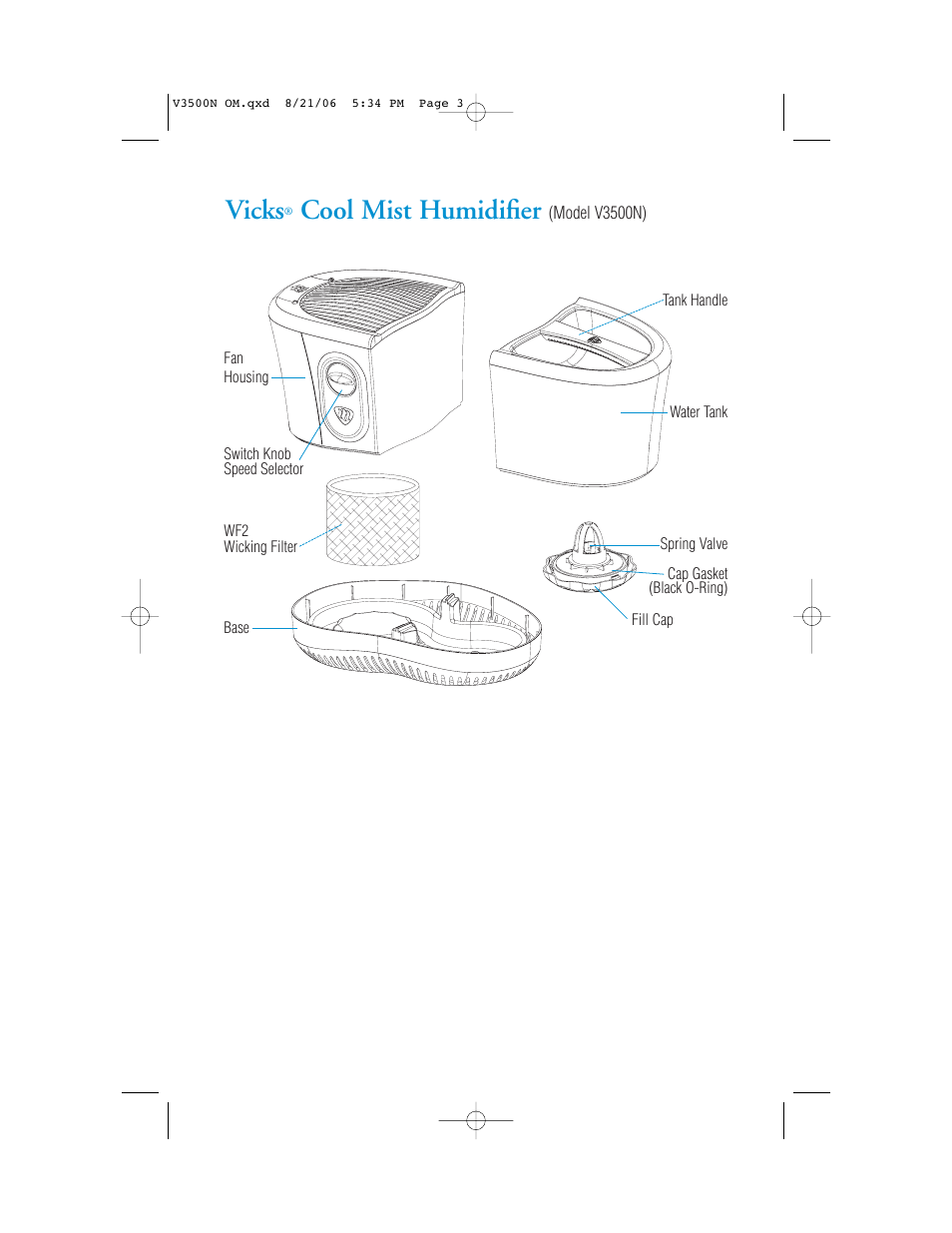 Vicks, Cool mist humidifier | Vicks V3500N User Manual | Page 3 / 30