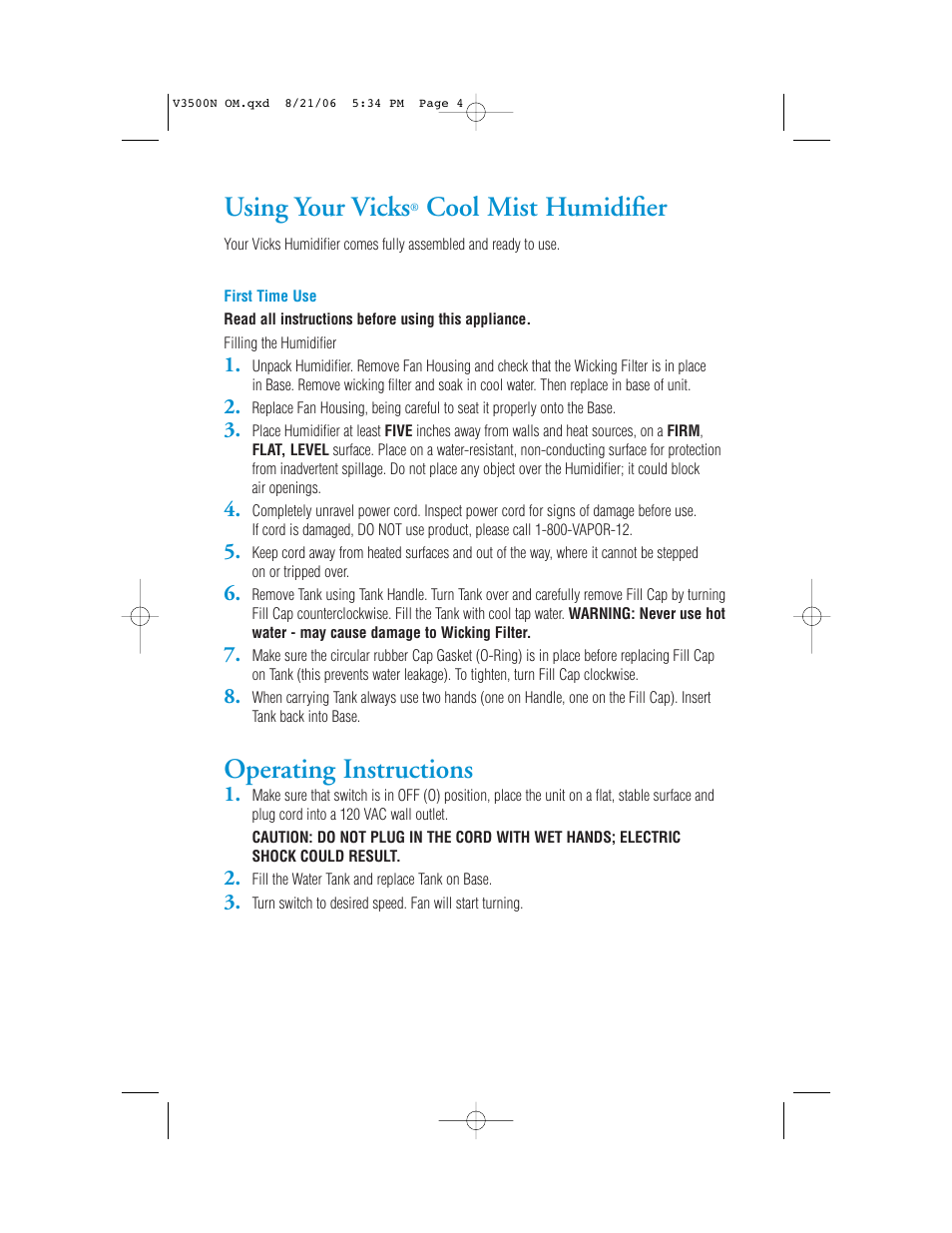 Using your vicks, Cool mist humidifier, Operating instructions | Vicks V3500N User Manual | Page 4 / 30