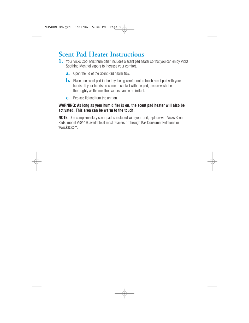Scent pad heater instructions | Vicks V3500N User Manual | Page 5 / 30
