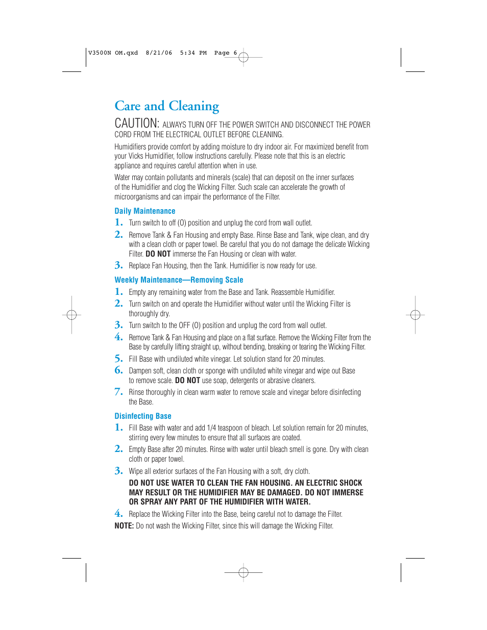 Care and cleaning, Caution | Vicks V3500N User Manual | Page 6 / 30