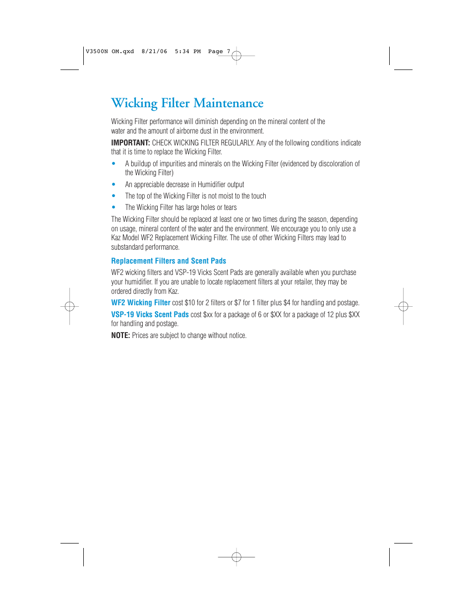 Wicking filter maintenance | Vicks V3500N User Manual | Page 7 / 30