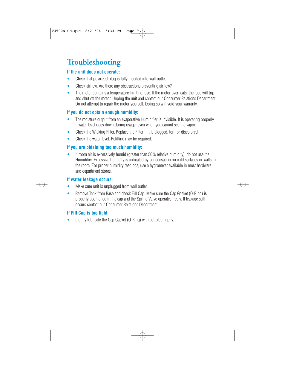Troubleshooting | Vicks V3500N User Manual | Page 9 / 30