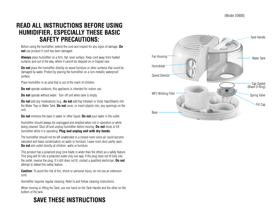 Vicks, Cool mist humidifier, Save these instructions | Vicks V3600 User Manual | Page 2 / 5