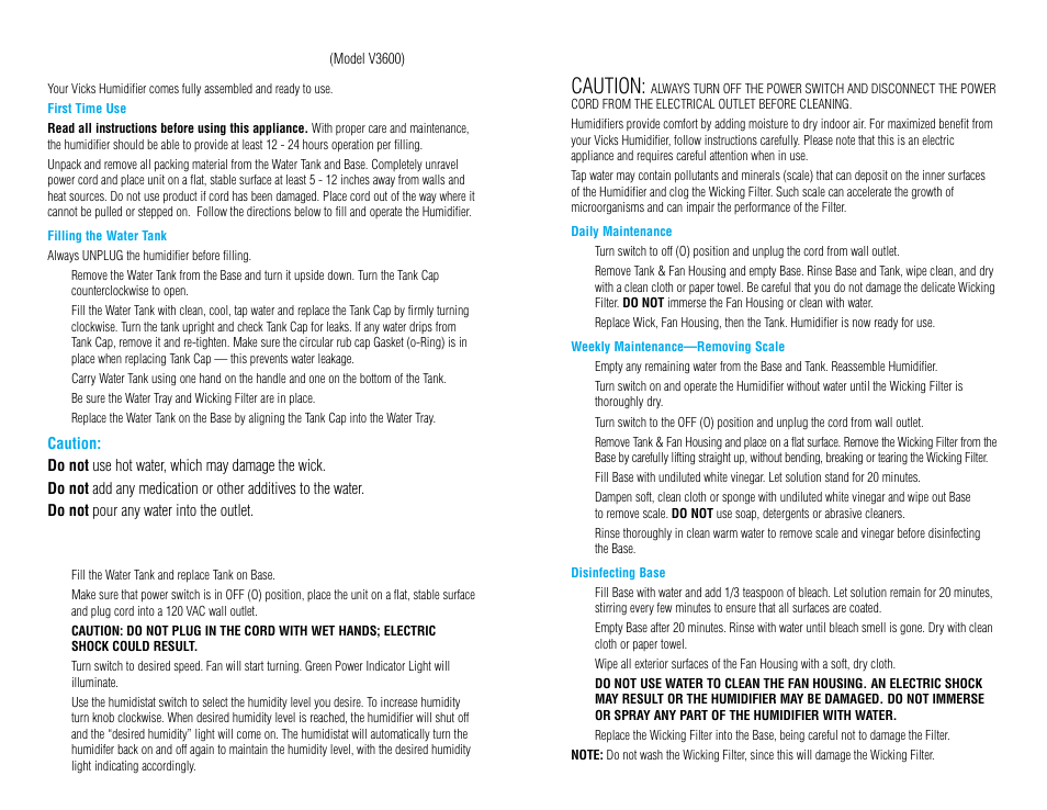 Care and cleaning, Using your vicks, Humidifier | Operating instructions, Caution | Vicks V3600 User Manual | Page 3 / 5