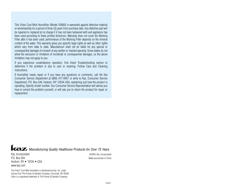Limited warranty | Vicks V3600 User Manual | Page 5 / 5