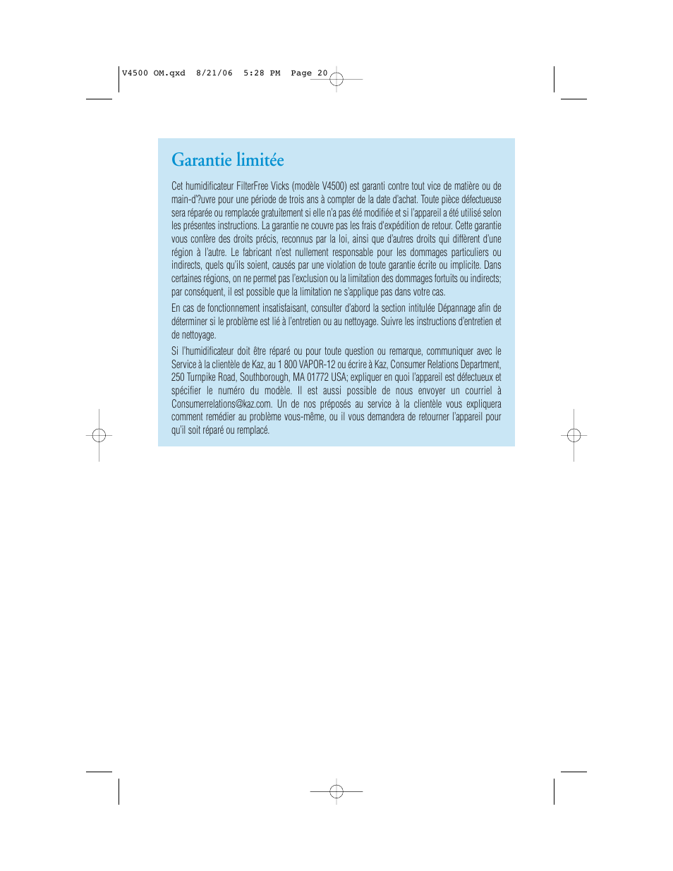 Garantie limitée | Vicks V4500 User Manual | Page 20 / 30
