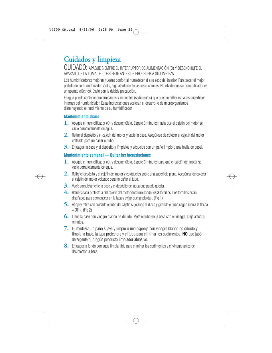 Cuidados y limpieza, Cuidado | Vicks V4500 User Manual | Page 26 / 30