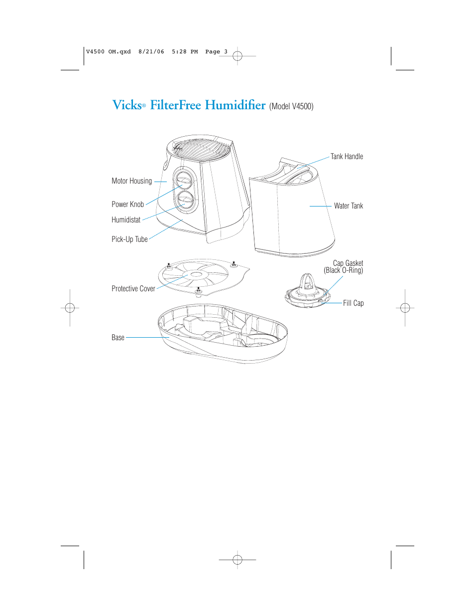 Vicks, Filterfree humidifier | Vicks V4500 User Manual | Page 3 / 30
