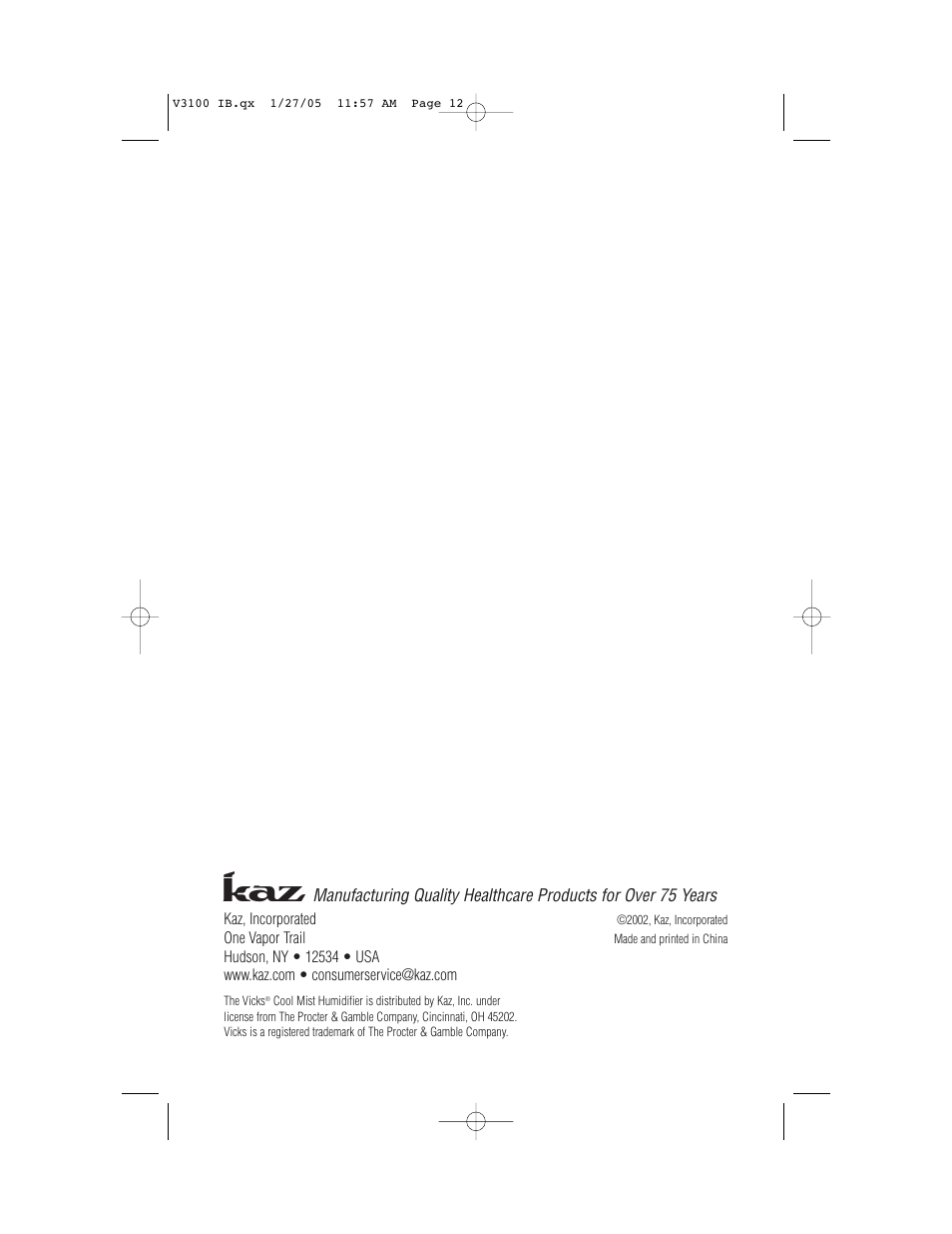 Vicks Cool Mist Humidifier V3100 User Manual | Page 11 / 11