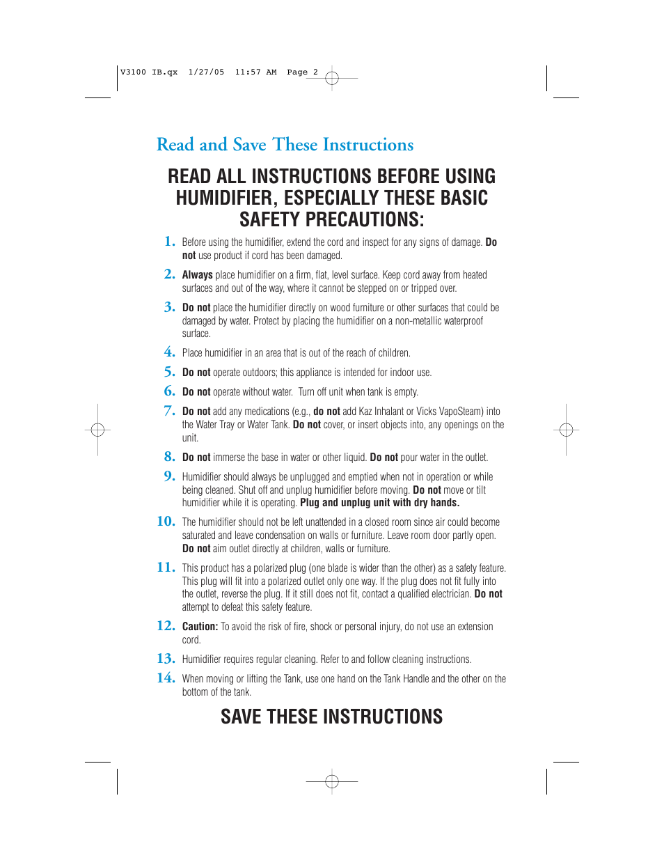 Save these instructions | Vicks Cool Mist Humidifier V3100 User Manual | Page 2 / 11