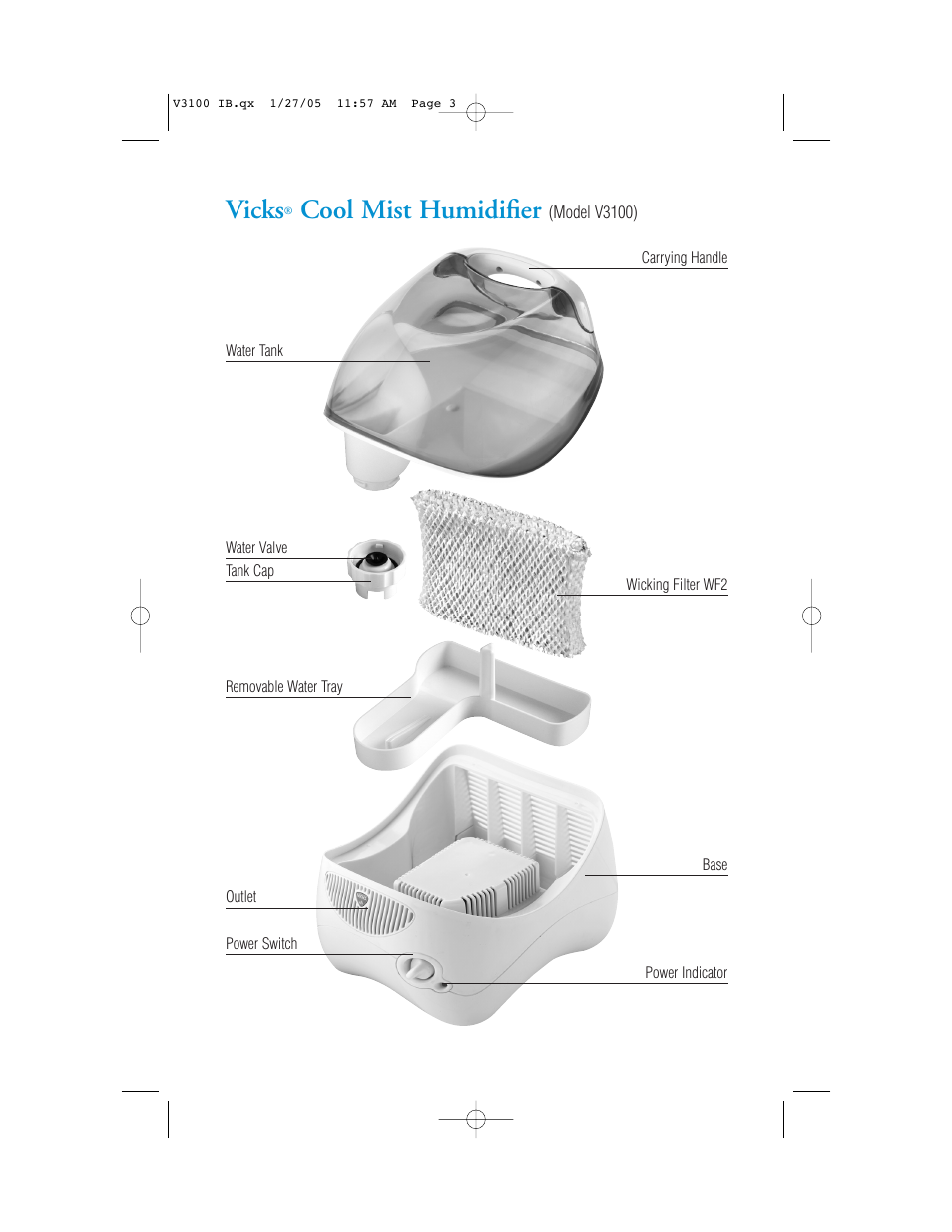 Vicks, Cool mist humidifier | Vicks Cool Mist Humidifier V3100 User Manual | Page 3 / 11