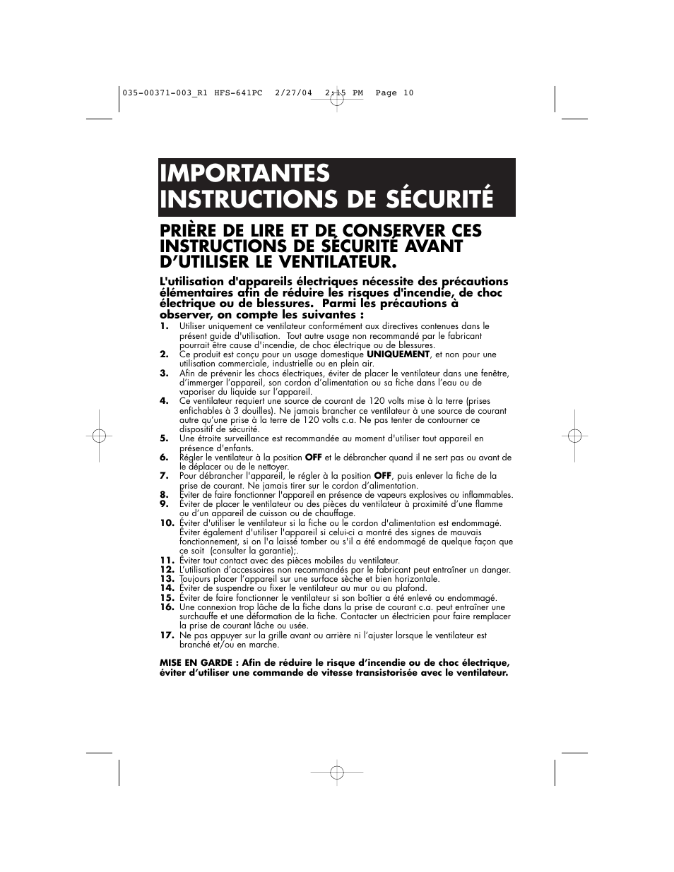 Importantes instructions de sécurité | Vicks HFS-641PC User Manual | Page 10 / 24