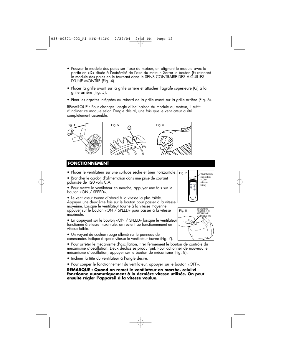Fonctionnement | Vicks HFS-641PC User Manual | Page 12 / 24