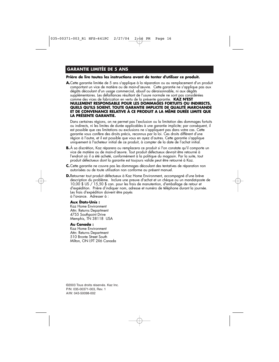 Vicks HFS-641PC User Manual | Page 16 / 24