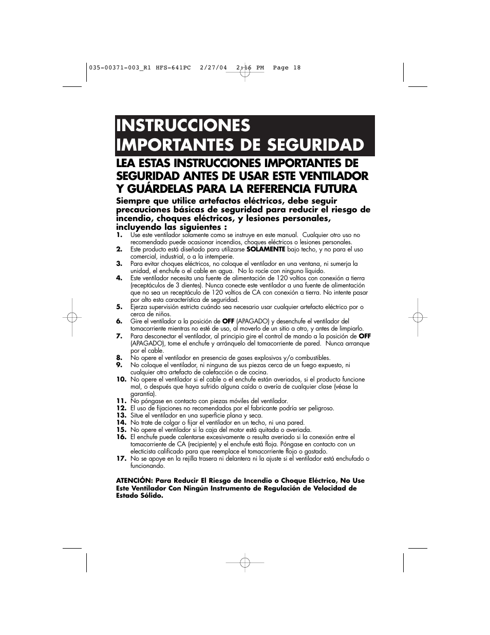 Instrucciones importantes de seguridad | Vicks HFS-641PC User Manual | Page 18 / 24