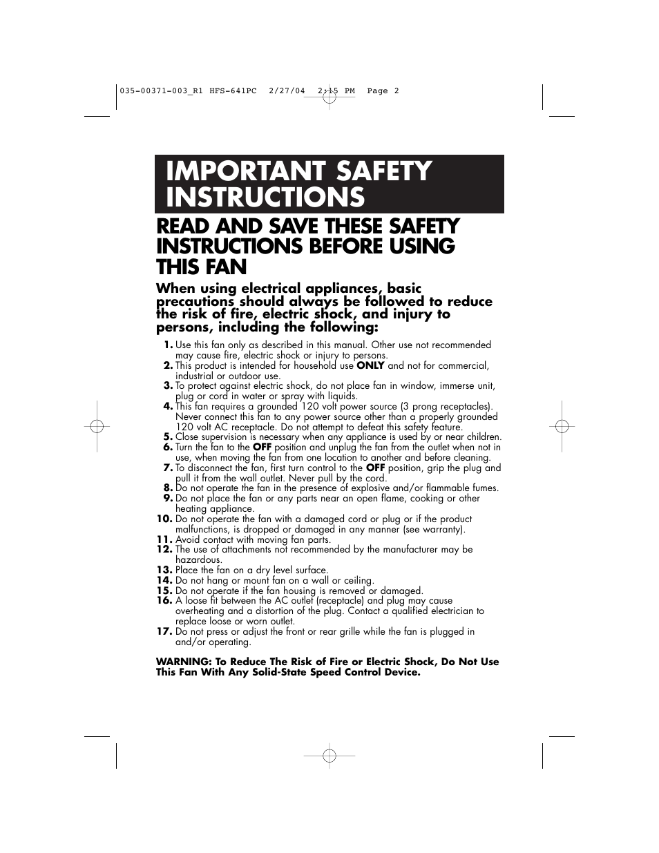 Important safety instructions | Vicks HFS-641PC User Manual | Page 2 / 24