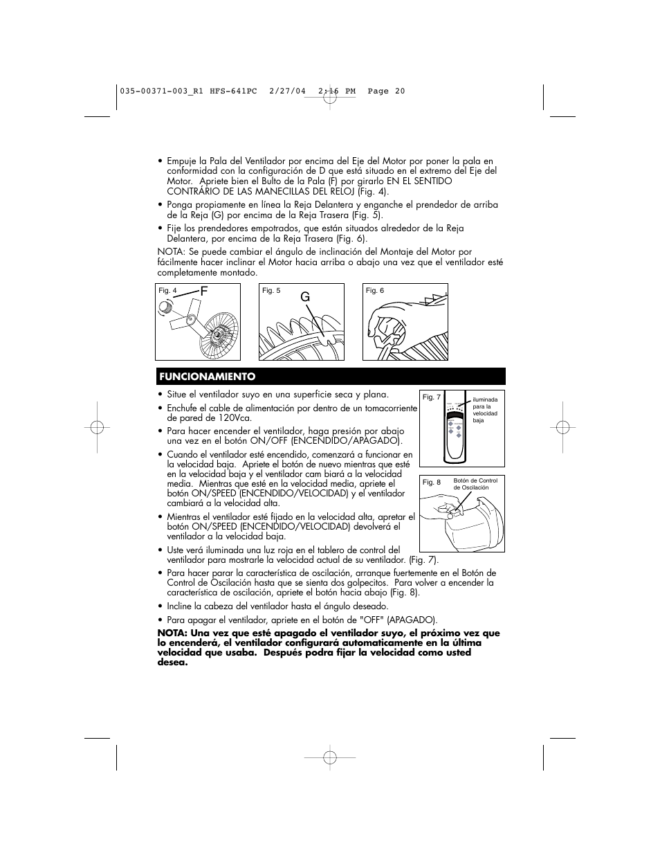 Funcionamiento | Vicks HFS-641PC User Manual | Page 20 / 24