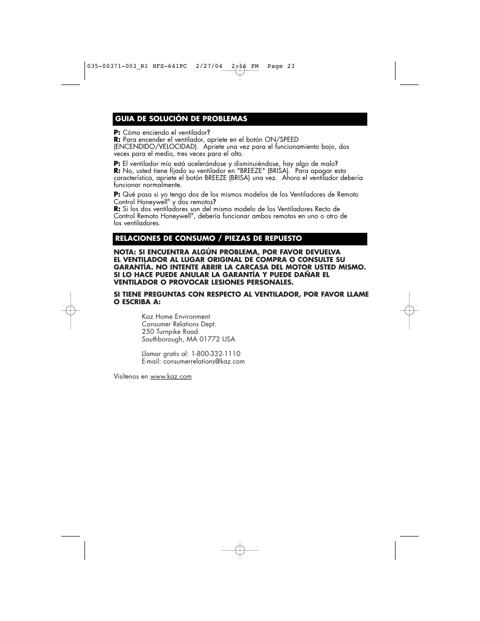 Vicks HFS-641PC User Manual | Page 23 / 24