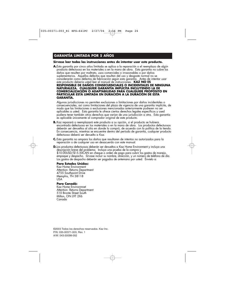 Vicks HFS-641PC User Manual | Page 24 / 24