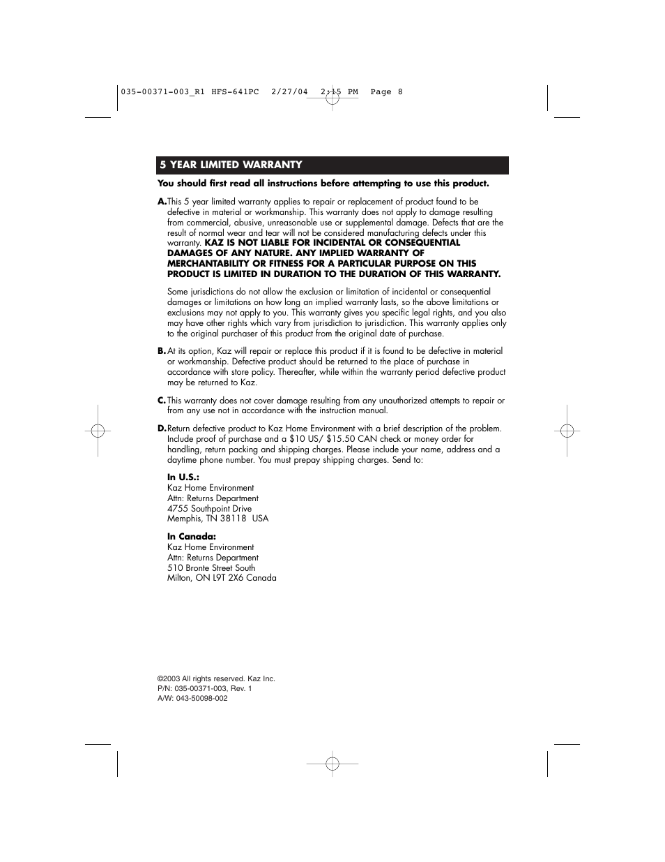 Vicks HFS-641PC User Manual | Page 8 / 24