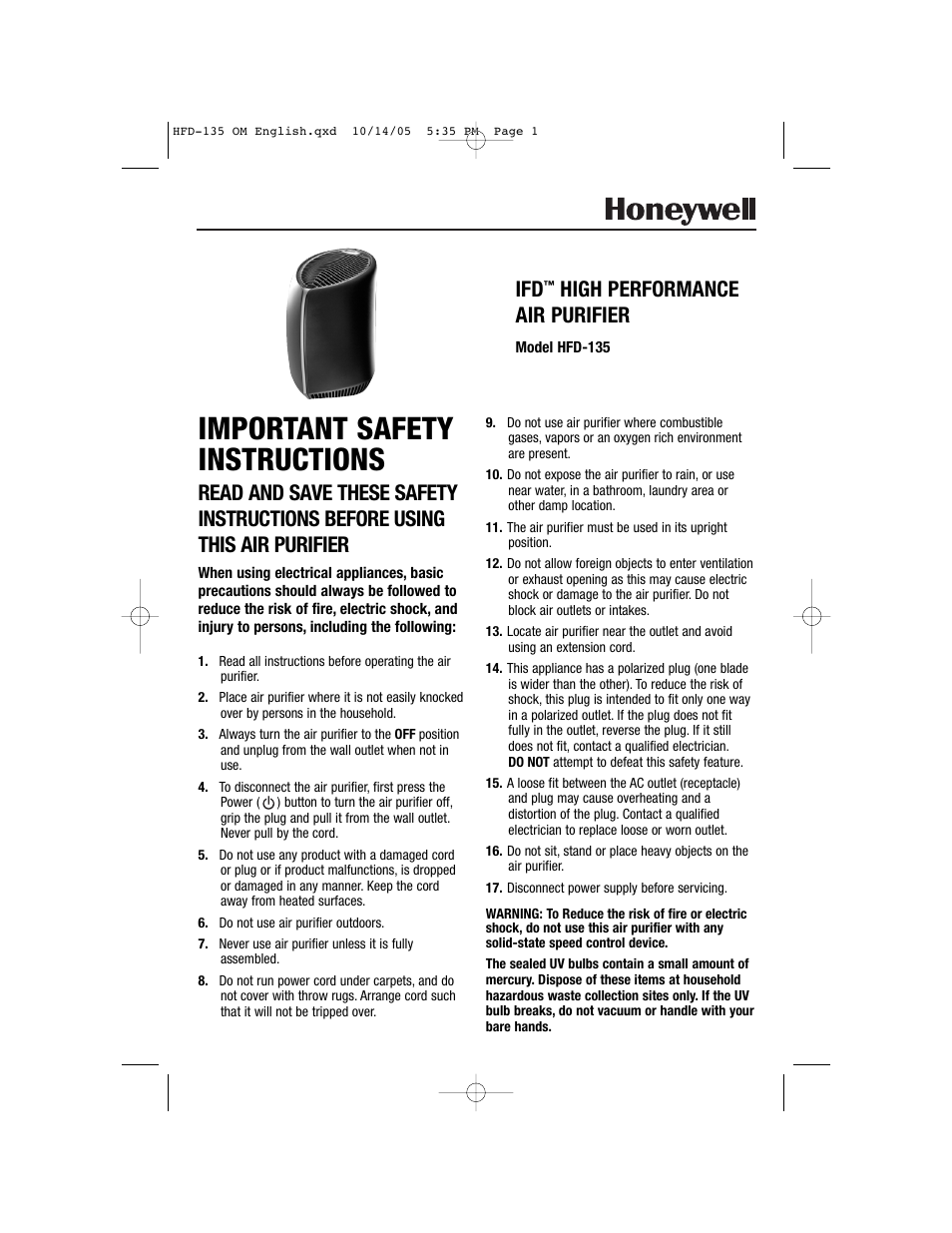 Vicks High Performance Air Purifier HFD-135 User Manual | 8 pages