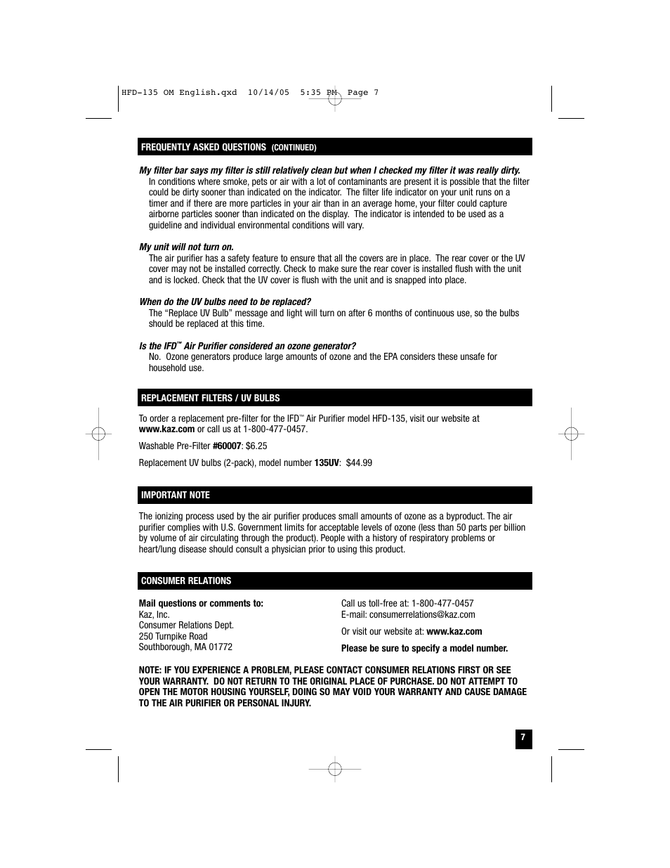 Vicks High Performance Air Purifier HFD-135 User Manual | Page 7 / 8