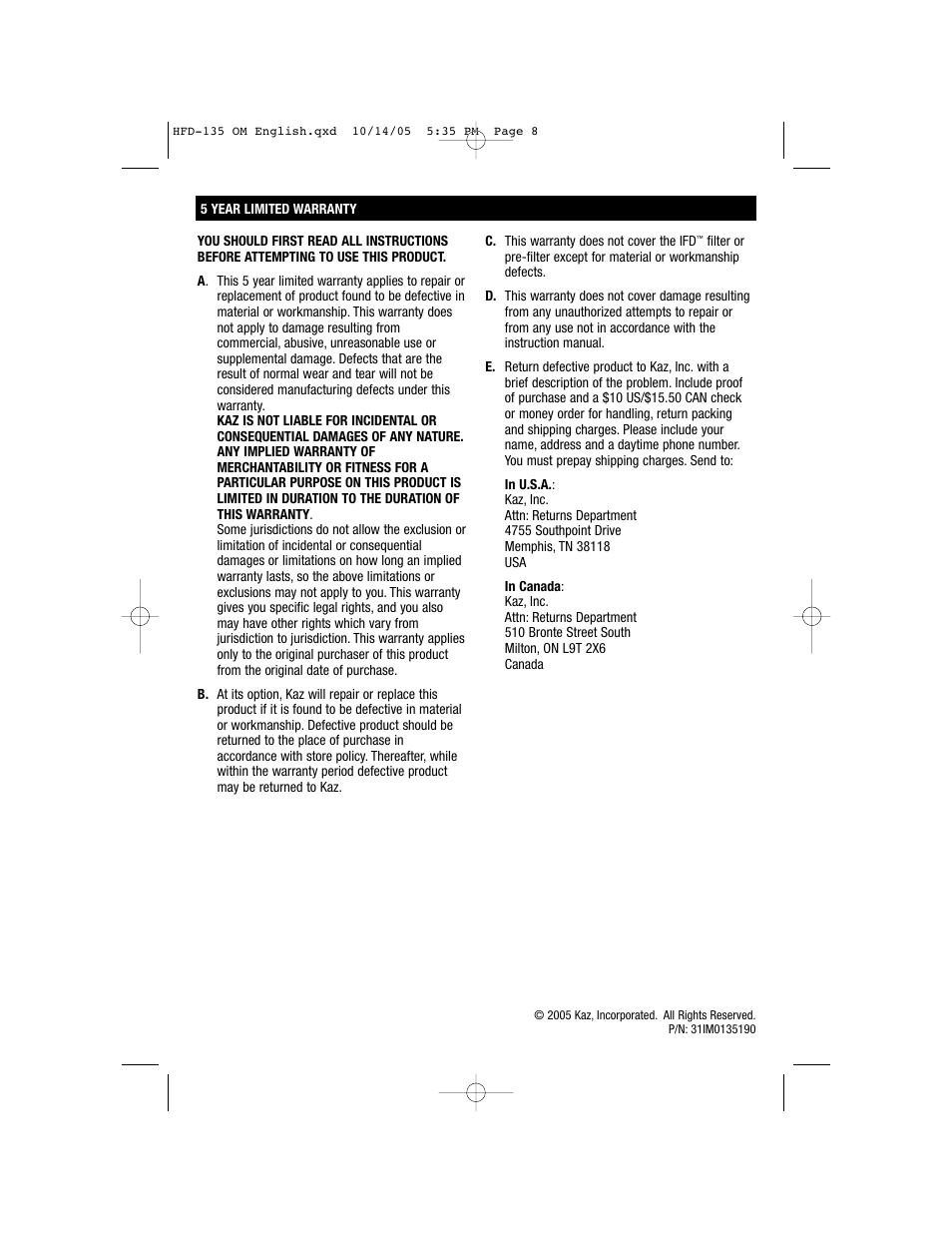 Vicks High Performance Air Purifier HFD-135 User Manual | Page 8 / 8