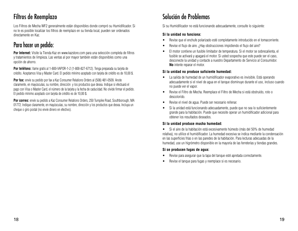 Solución de problemas, Filtros de reemplazo, Para hacer un pedido | Vicks V3100 User Manual | Page 10 / 11