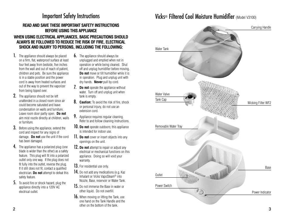 Vicks, Filtered cool moisture humidiﬁer, Important safety instructions | Vicks V3100 User Manual | Page 2 / 11