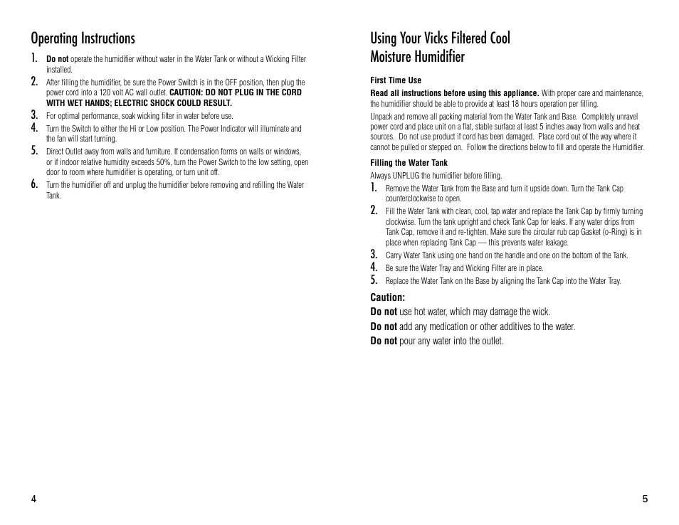Using your vicks filtered cool moisture humidifier, Operating instructions | Vicks V3100 User Manual | Page 3 / 11