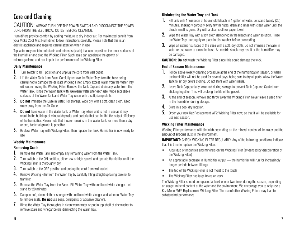 Care and cleaning, Caution | Vicks V3100 User Manual | Page 4 / 11