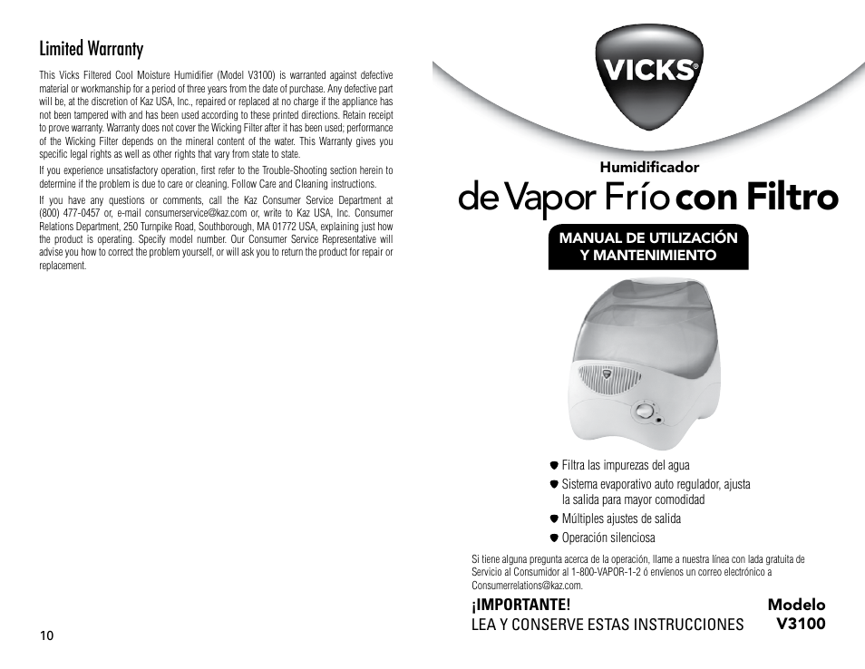 De vapor frío con filtro, Limited warranty | Vicks V3100 User Manual | Page 6 / 11