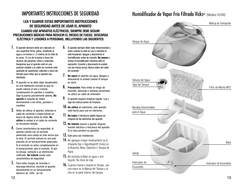 Importantes instrucciones de seguridad, Humidificador de vapor frío filtrado vicks | Vicks V3100 User Manual | Page 7 / 11