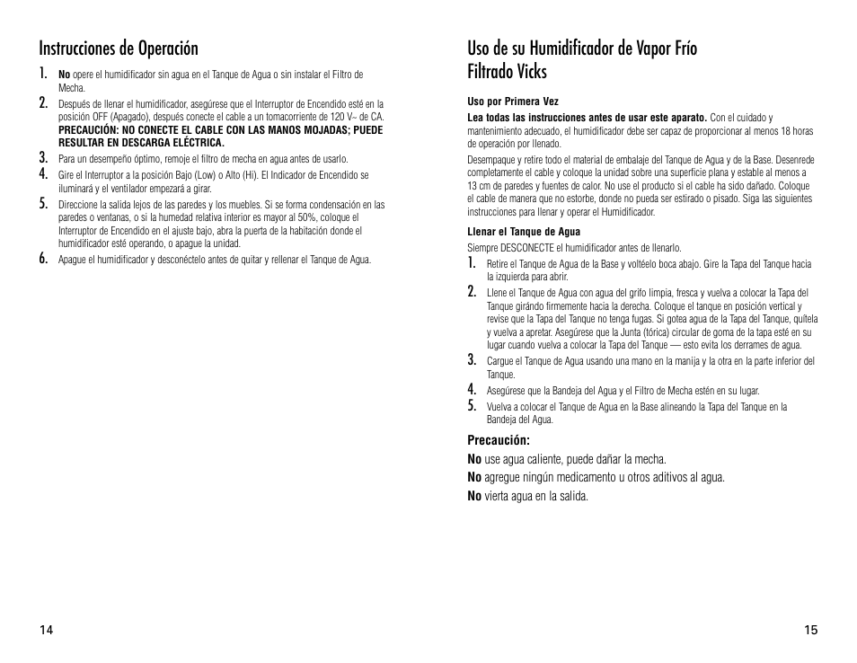 Instrucciones de operación | Vicks V3100 User Manual | Page 8 / 11