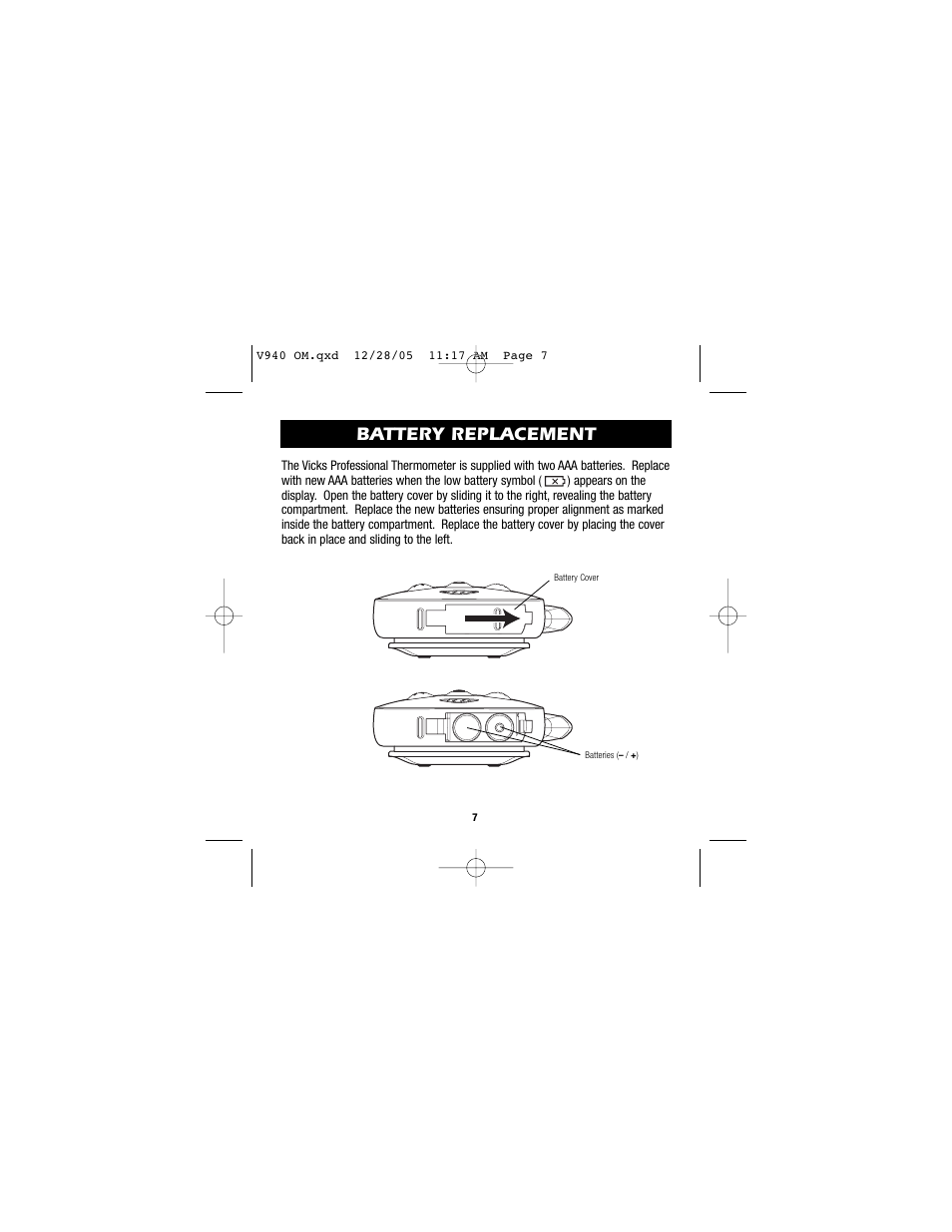 Battery replacement | Vicks V940 User Manual | Page 7 / 16