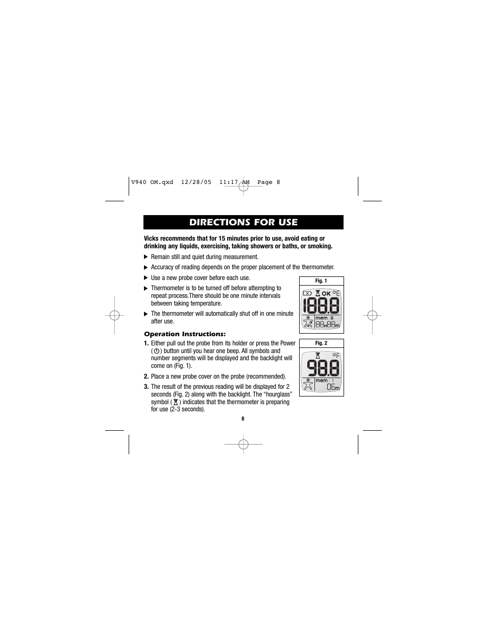 Directions for use | Vicks V940 User Manual | Page 8 / 16